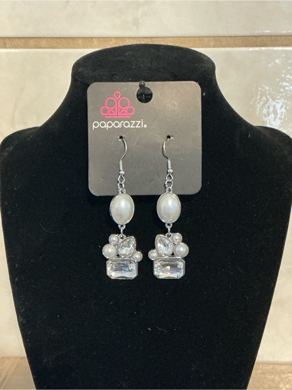 Paparazzi Silver Crystal and Pearl Dangle Earrings